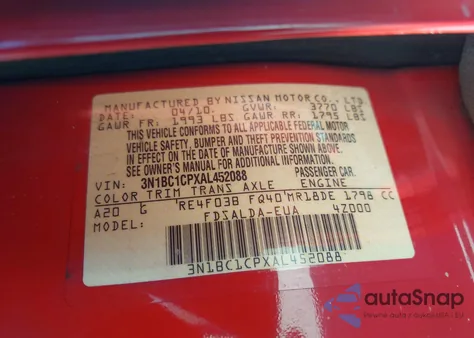 2010 Nissan Versa 1.8S z USA, uszkodzony, nr VIN 3N1BC1CPXAL452088